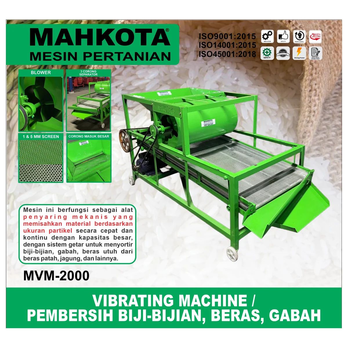 MAHKOTA MVM-2000 / VIBRATING MACHINE / PEMBERSIH BIJI-BIJIAN, BERAS, GABAH