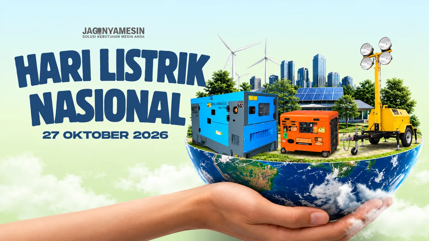 Ilustrasi Hari Listrik Nasional 27 Oktober 2026 dari Jagonya Mesin, dengan genset dan menara lampu.