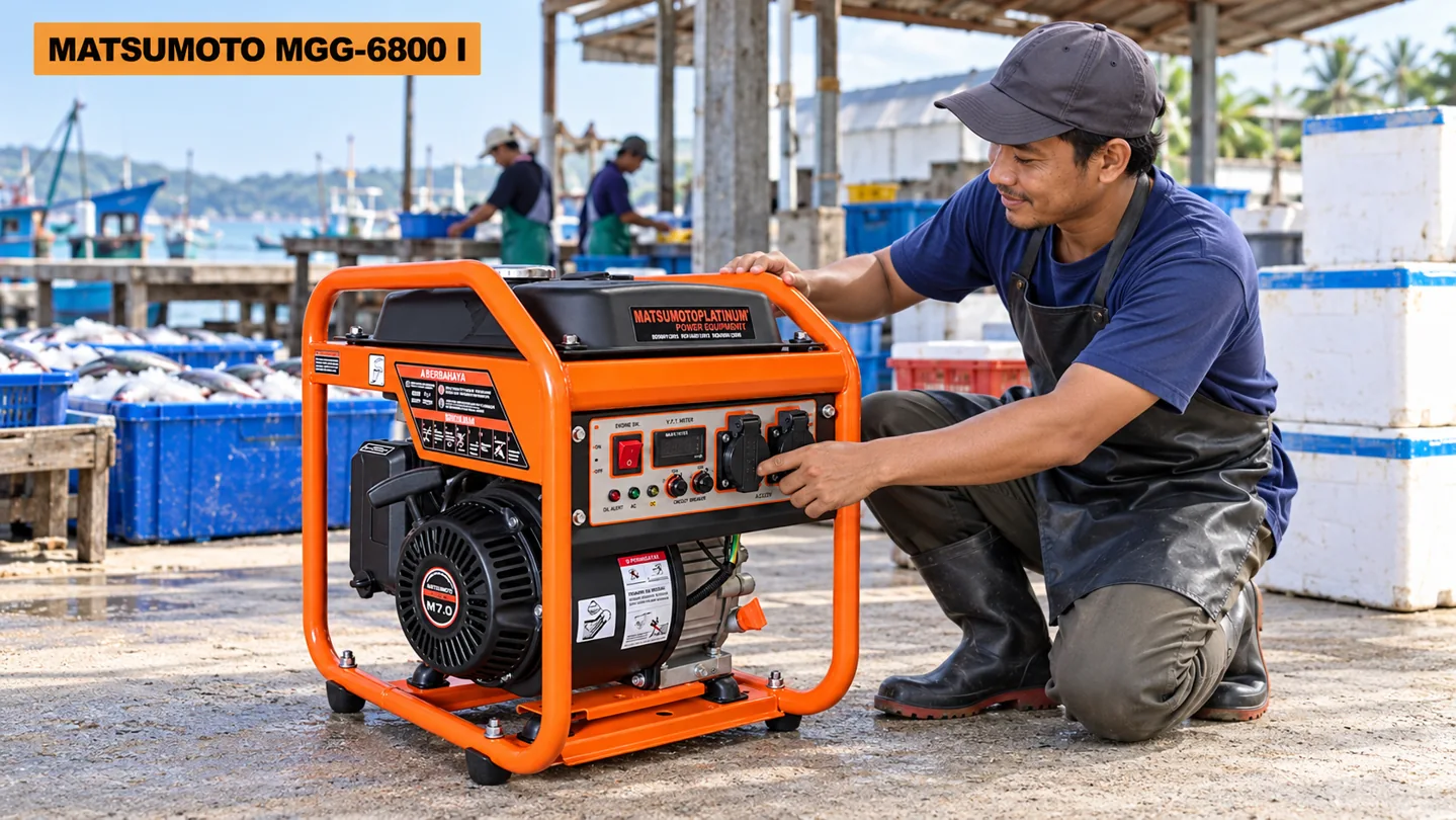 Ilustrasi operator dan genset MATSUMOTO MGG-6800 I untuk usaha pengolahan ikan